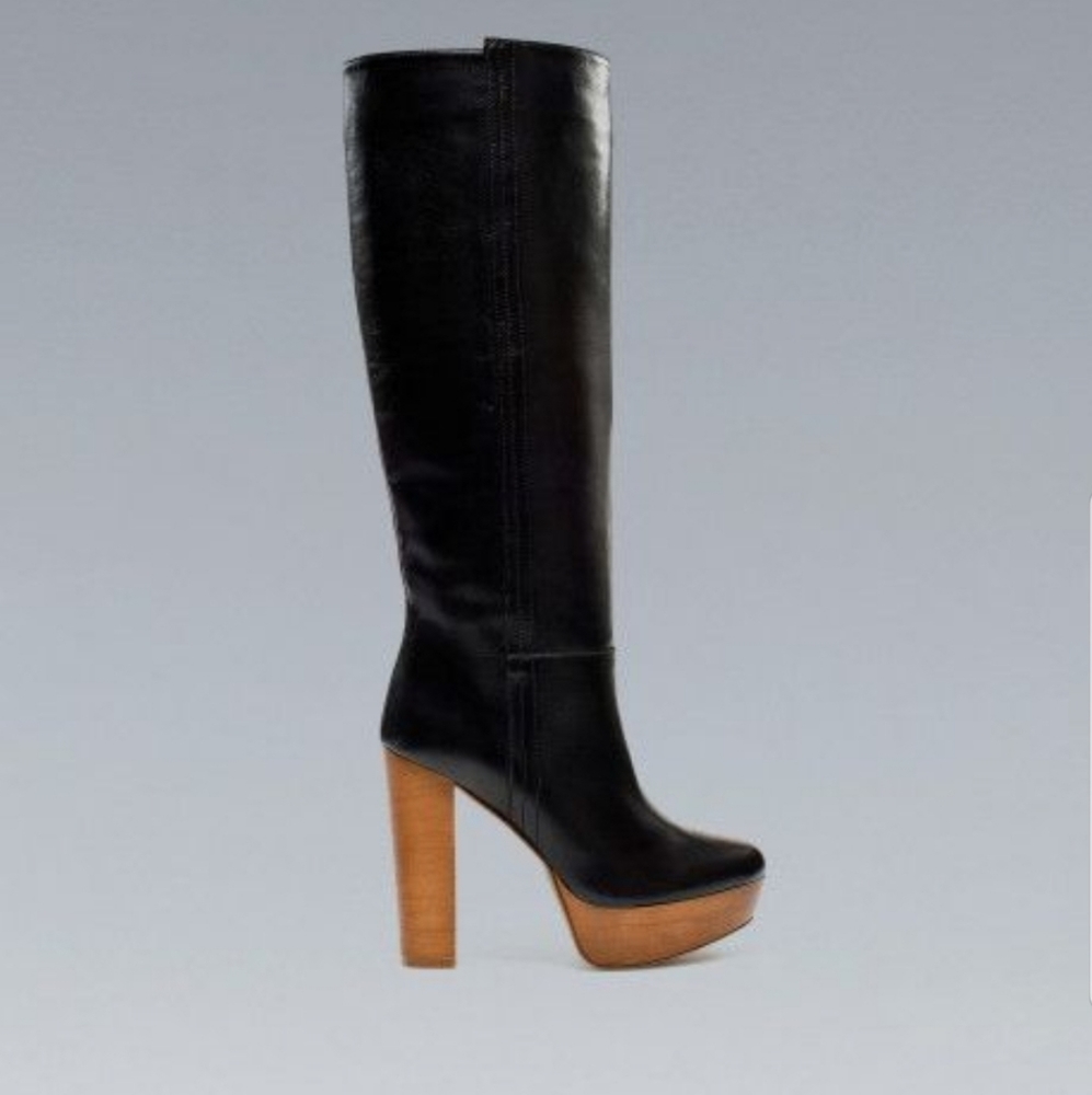 ZARA Tall Black Leather Platform Boots Sz 40